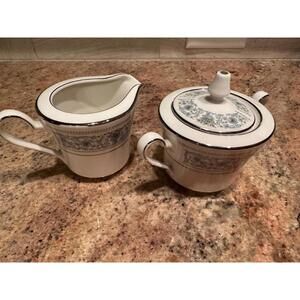 NORITAKE MONTELEONE SUGAR BOWL CREAMER SET IVORY BLUE SCROLLS GREEN FLOWER VTG